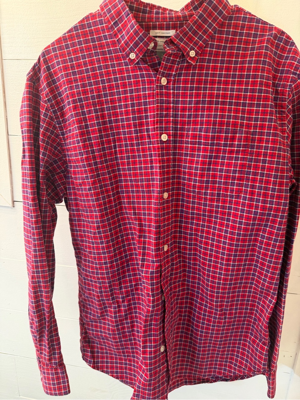 Old Navy The Oxford Shirt Red Blue Plaid Slim Fit Men’s Large